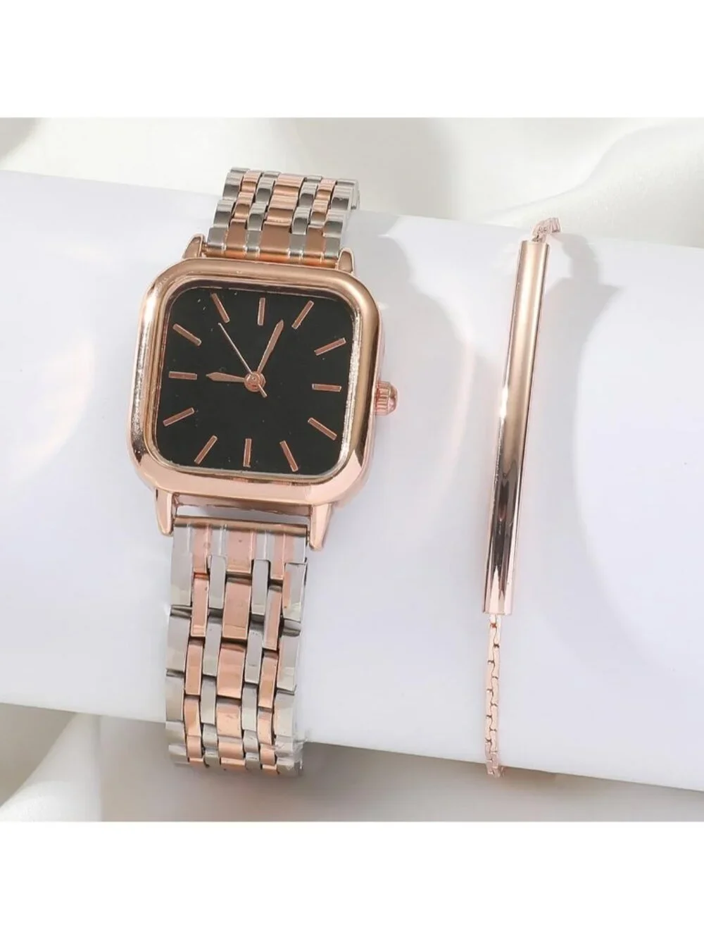 Women's Black Analog Quartz Rose Gold Stainless Steel Square Dial Bracelet Watch